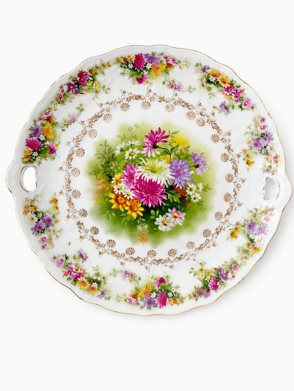 Antique Carl Tielsch Germany Floral Plate w/ Handles | Gold Rim | 10" Porcelain